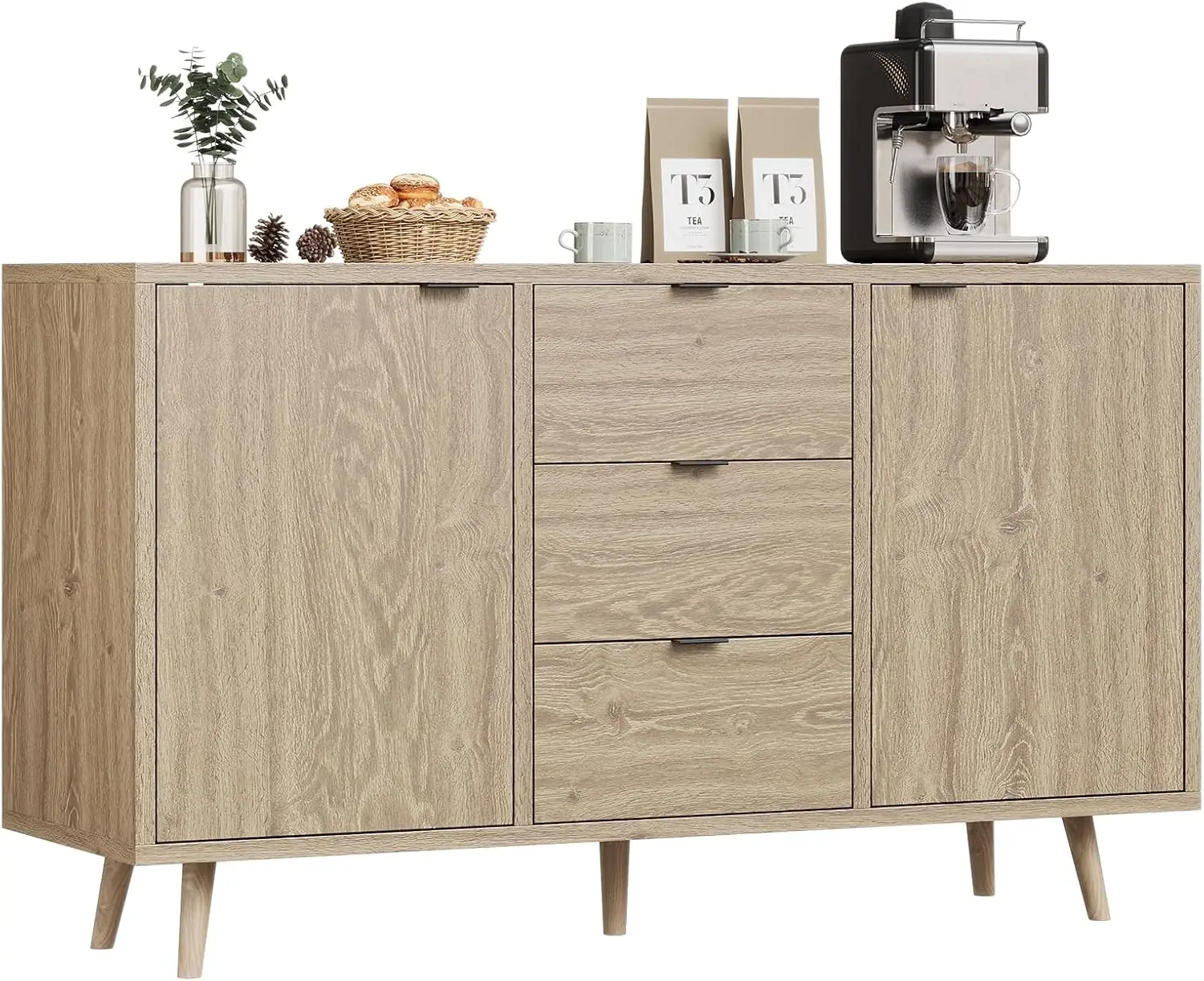 Buffet Cabinet 2 Door 3 Drawer Wood Durable Adjustable Shelves Storage for Dining Room Living Room Hallway Sideboard