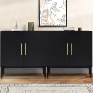 Set of 2 Black Side Storage Cabinet, Free Standing Cabinets, Wood Accent Cabinet with Doors, Black Sideboard for Bedroom, Kitche