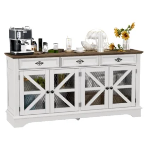 ZBOM 63" Farmhouse Buffet Sideboard Cabinet with 3 Drawers and Charging Station, TV Stand Coffee Bar for Living Room Dining Room