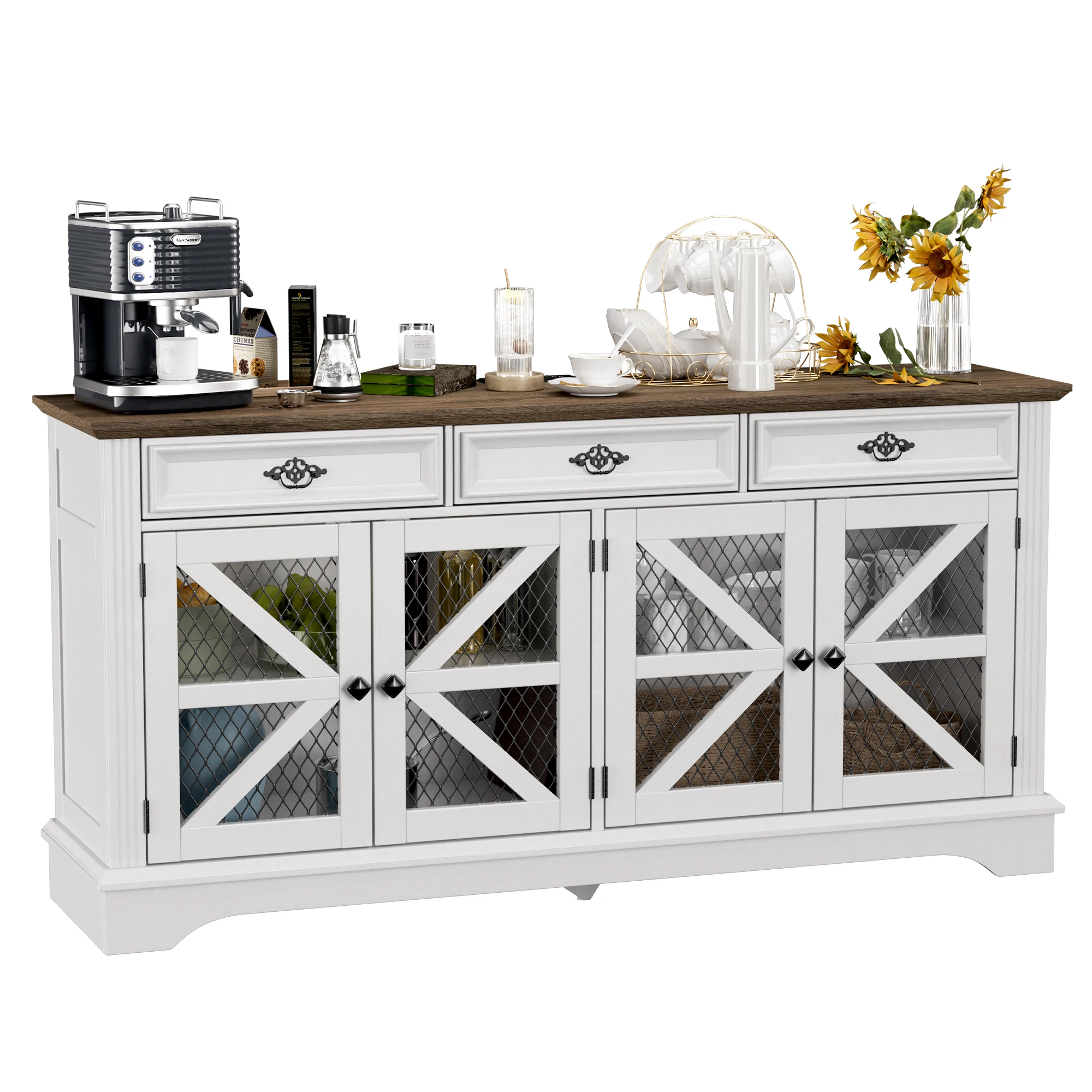 ZBOM 63" Farmhouse Buffet Sideboard Cabinet with 3 Drawers and Charging Station, TV Stand Coffee Bar for Living Room Dining Room