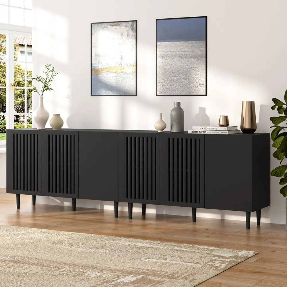 Modern Storage Cabinet, 94.4" Buffet Cabinet with 3 DIY Doors and Adjustable Shelf, Sideboard Coffee Bar Cabinet with Solid Wood